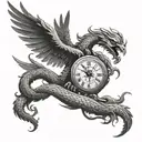 A tattoo design featuring a combination of phoenix fighting a snake in front of a clock tattoo design idea