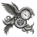 A tattoo design featuring a combination of phoenix fighting a snake in front of a clock tattoo design idea
