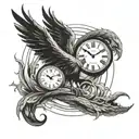 A tattoo design featuring a combination of phoenix fighting a snake in front of a clock tattoo design idea