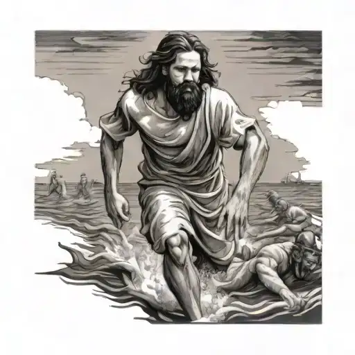 A powerful image of Jesus walking on water, with LSU football players kneeling in admiration tattoo design idea