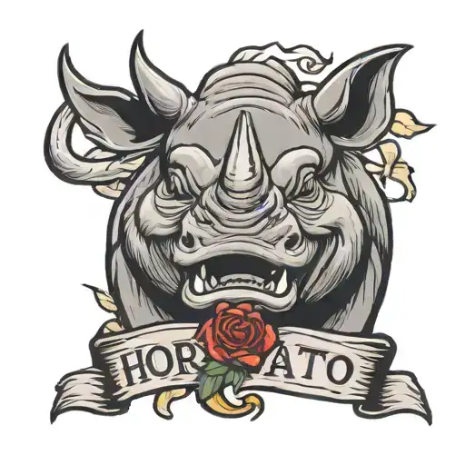 A smiling, goofy, cartoon rhinoceros head, with a rose in its teeth, surrounded by a ribbon that reads "horatio" tattoo design idea