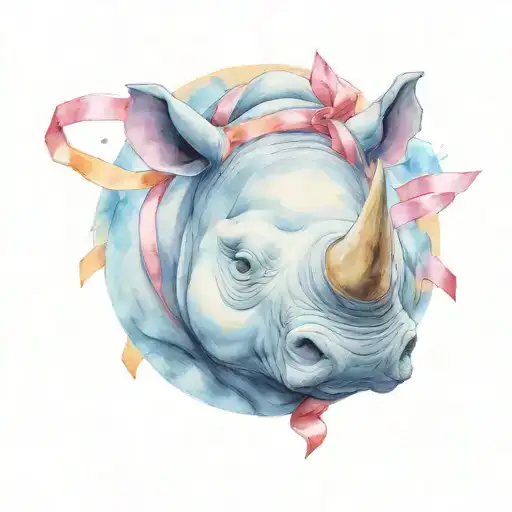 A smiling, goofy, cartoon rhinoceros head, surrounded by a ribbon that reads "horatio" tattoo design idea