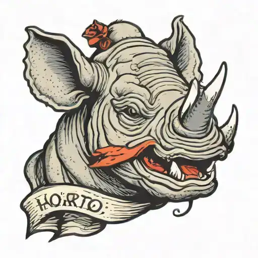 A smiling, goofy, cartoon rhinoceros head, surrounded by a ribbon that reads "horatio" tattoo design idea