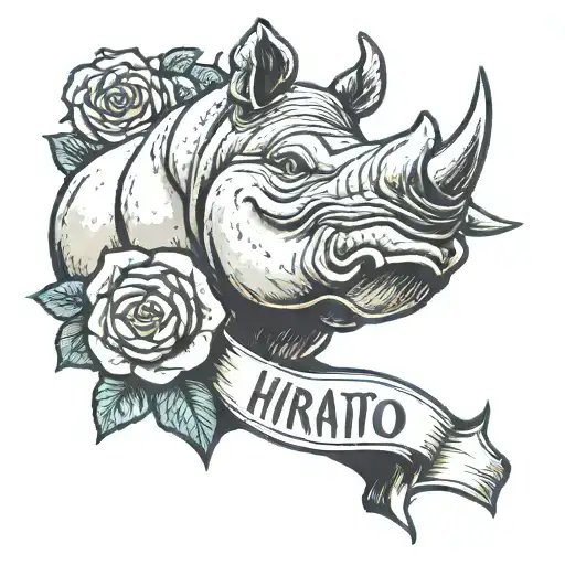A cartoon rhinoceros head, with a rose in its teeth, surrounded by a ribbon that reads "horatio" tattoo design idea
