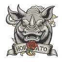 A smiling, goofy, cartoon rhinoceros head, with a rose in its teeth, surrounded by a ribbon that reads "horatio" tattoo design idea