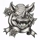 A smiling, goofy, cartoon rhinoceros head, with a rose in its teeth, surrounded by a ribbon that reads "horatio" tattoo design idea