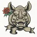 A smiling, goofy, cartoon rhinoceros head, with a rose in its teeth, surrounded by a ribbon that reads "horatio" tattoo design idea