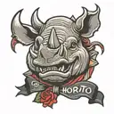 A smiling, goofy, cartoon rhinoceros head, with a rose in its teeth, surrounded by a ribbon that reads "horatio" tattoo design idea