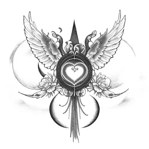 A serene black and grey seraphim surrounded by delicate orchids and chrysanthemums, with a crescent moon and a heart in the background. tattoo design idea