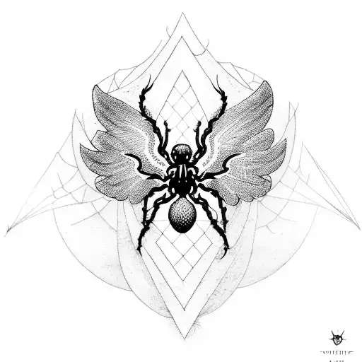 A blackwork tattoo of a seraphim surrounded by spider webs and stars tattoo design idea