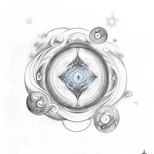 A mystical sketch-style tattoo showcasing a celestial scene with a serene seraphim holding a heart-shaped moon, surrounded by swirling cosmic energy and stars. The number 7 is subtly incorporated into the design. tattoo design idea