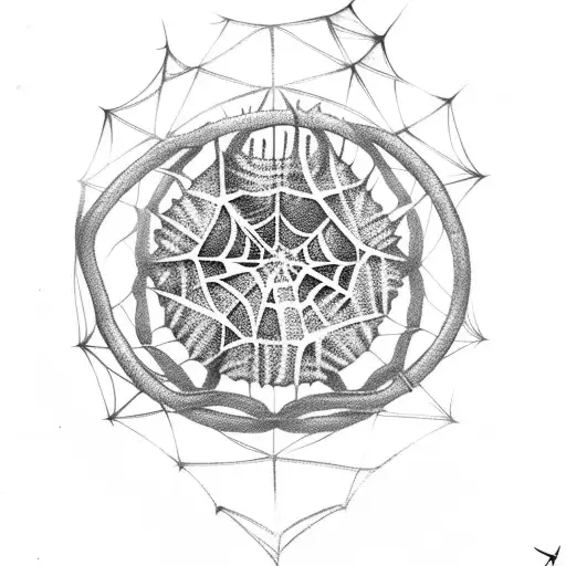 A black-grey tattoo of a heart-shaped spider web with the number 7 hidden within it tattoo design idea