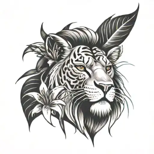 Half lion face with spider lily and written "power is power" tattoo design idea