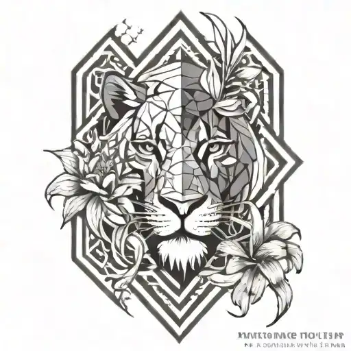 Half lion face with spider lily and written "power is power" tattoo design idea
