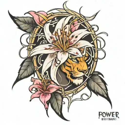 Half lion face with spider lily and written "power is power" tattoo design idea