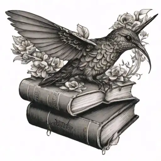 A hummingbird perched on a stack of books with intricate nature elements intertwined tattoo design idea