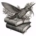 A hummingbird perched on a stack of books with intricate nature elements intertwined tattoo design idea