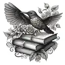 A hummingbird perched on a stack of books with intricate nature elements intertwined tattoo design idea