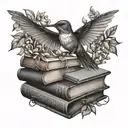 A hummingbird perched on a stack of books with intricate nature elements intertwined tattoo design idea