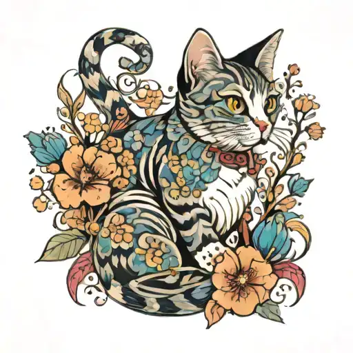 A cat playing in a field of blooming flowers, surrounded by family members tattoo design idea