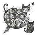 A cat playing in a field of blooming flowers, surrounded by family members tattoo design idea