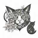 A cat playing in a field of blooming flowers, surrounded by family members tattoo design idea