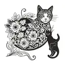 A cat playing in a field of blooming flowers, surrounded by family members tattoo design idea