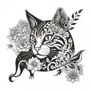 A cat playing in a field of blooming flowers, surrounded by family members tattoo design idea