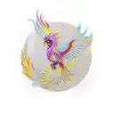 vibrant phoenix rising gracefully from a vase. The vase displays elegant golden Kintsugi repairs, forming intr tattoo design idea