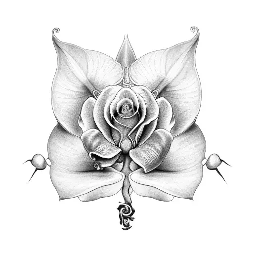 A black and grey tattoo of an orchid and rose intertwined with engineering symbols tattoo design idea