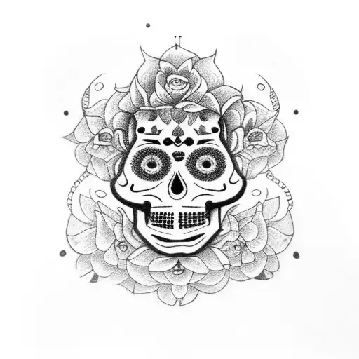 A dotwork tattoo of a Maya civilization temple surrounded by vibrant Dia de los muertos skulls tattoo design idea