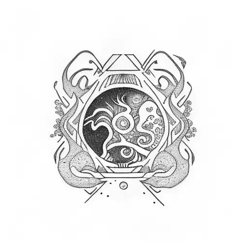 A dotwork tattoo of a mystical cenote in Mexico, with animals from the rainforest hidden within the design tattoo design idea