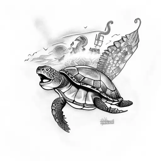 An intricate black and grey tattoo of Chitchen Itza with a tortuga swimming in the foreground tattoo design idea