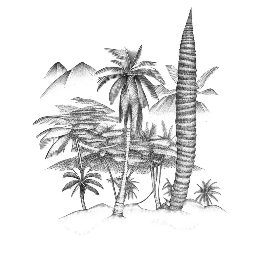 Tropical landscape with Haitian landmarks tattoo design idea