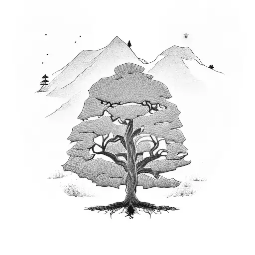 Lebanese Cedar Tree with roots and human heart at the bottom, with 2 guns on left and right side of the image. tattoo design idea