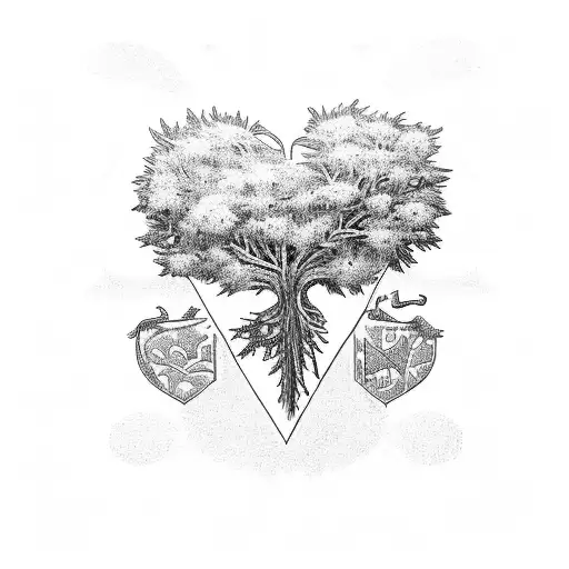 Lebanese Cedar Tree, human heart, with pistol gun on left and right side on the image. tattoo design idea