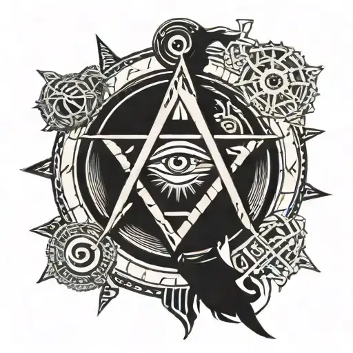 Ship's steering wheel with eye of Horus and a valknut and Vegvísir tattoo design idea