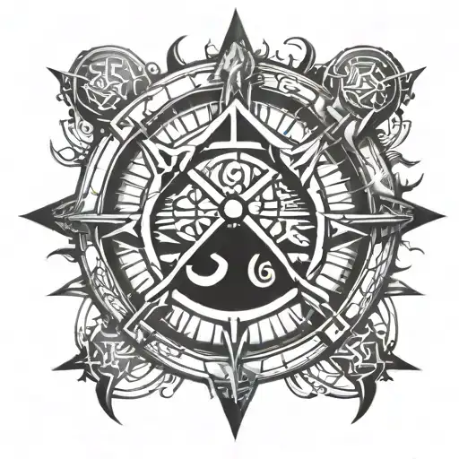 Ship's steering wheel with eye of Horus and a valknut and Vegvísir, but not very compressed  tattoo design idea
