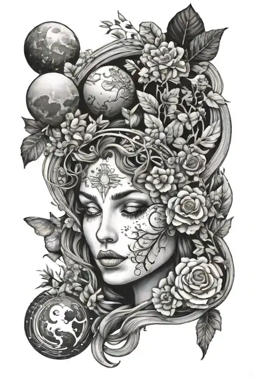 Mother Nature with Planets and stars and animals and plants and trees and flowers  tattoo design idea