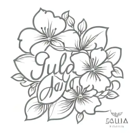 A bouquet of Julia flowers intertwined with the client's name in elegant script tattoo design idea