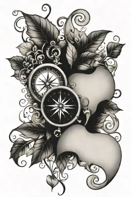 ivy vines and compass surrounded by musical notes tattoo design idea