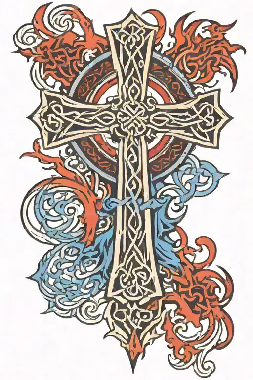 Celtic Cross Ripped Skin Red and Blue Flames Around It tattoo design idea
