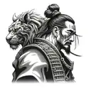 Japanese samurai warrior sideview with temple and lion  tattoo design idea