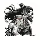 Japanese samurai warrior sideview with temple and lion  tattoo design idea