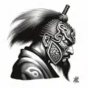 Japanese samurai warrior sideview with temple and lion  tattoo design idea