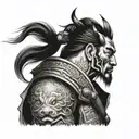 Japanese samurai warrior sideview with temple and lion  tattoo design idea
