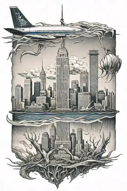 twin towers, madison square garden, yankee stadium, empire state building underwater in a sea creature apocalypse tattoo design idea