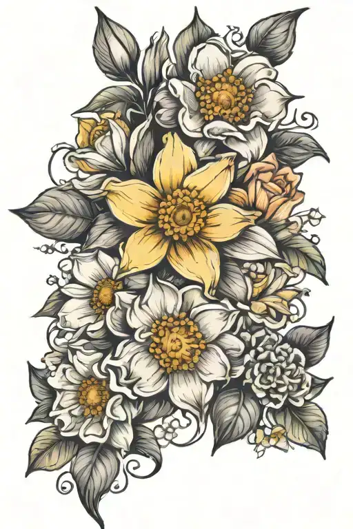 daisy , daffodil and rose flower tattoo design idea