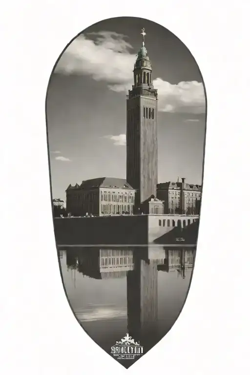 Stockholm city hall with focus on the tower and Also Stockholm stadium  tattoo design idea