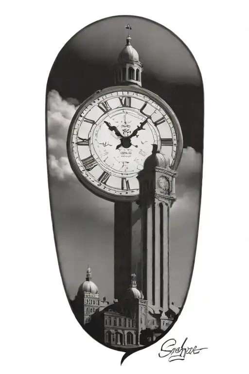 saint eric, clocktower of stockholm stadion, as tower of city hall of stockholm merged into a theme tattoo design idea